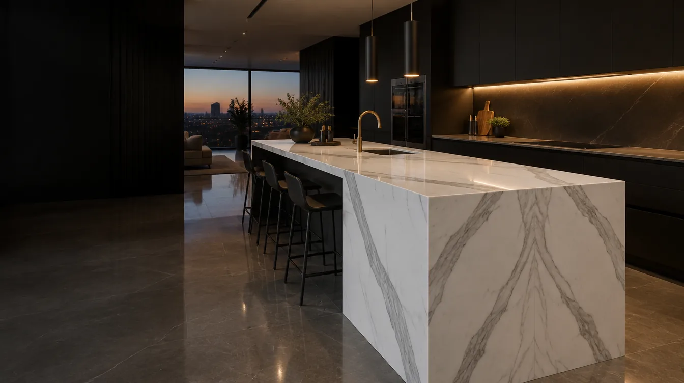 Cozinha com ilha cascata em quartzo Calacatta e detalhes dourados